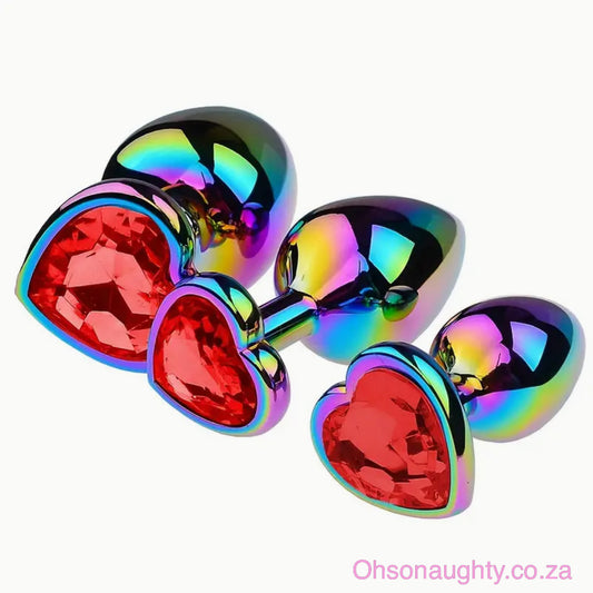 Heart Shaped Rainbow Steel Anal Plug with Red Stone|Ohsonaughty